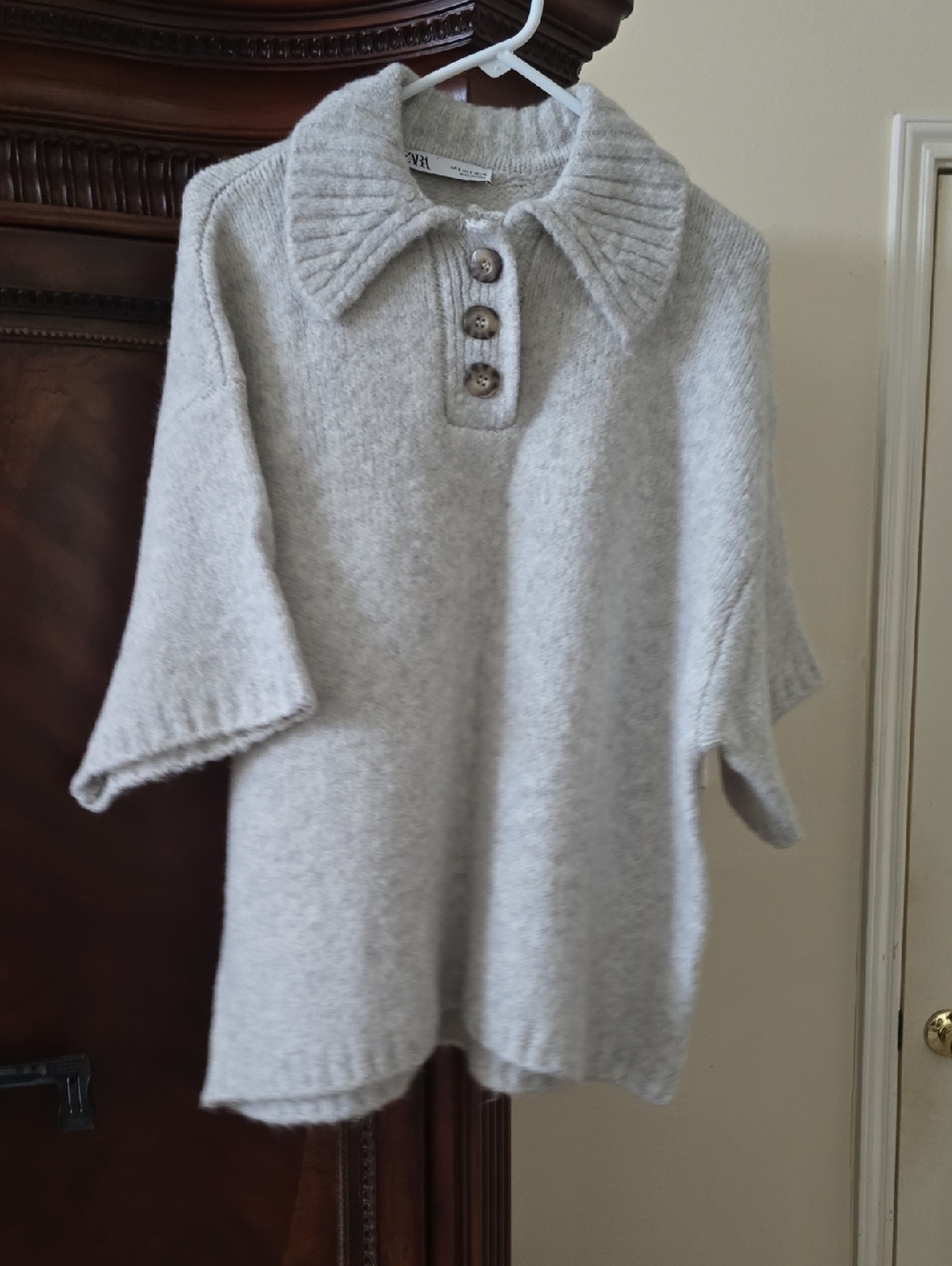 Zara Light Gray Ribbed Collar Button Pullover